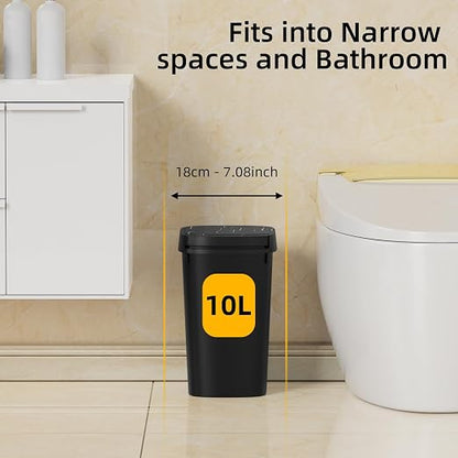KSSKSS 3 Pack Bathroom Small Trash Can with Lid, 2.6 Gallon Slim Garbage Bin with Pop-Up Lid, 10L Plastic Wastebasket for Bedroom, Office, Kitchen, Toilet (Three Colors)