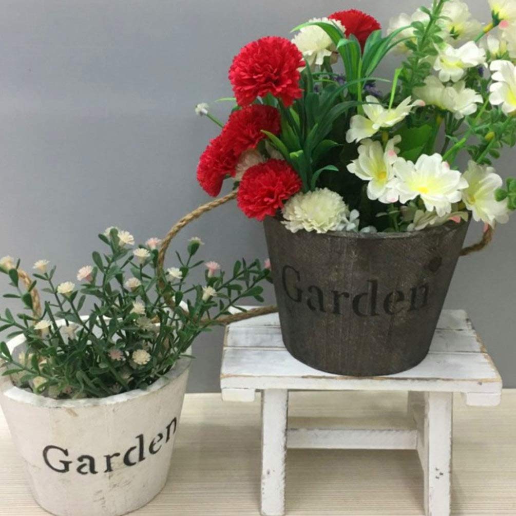Hemoton Wooden Barrel Planter 2Pcs Set Rustic Bucket Flower Pot Decoration with Handle for Indoor Outdoor Succulent Plants