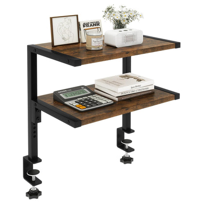 IBUYKE Clamp on Desk Organizer Shelf,12.9 inches Desk Extender Shelves, Above or Below Desk 2-Tier Adjustable Storage Shelves for Desktop Accessories,Rustic Brown,TMZ007H
