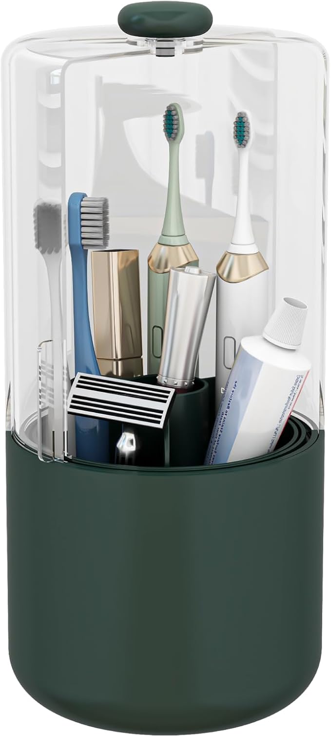 Toothbrush Holder with Cover 360 Rotating 4 Compartments Bathroom Toothpaste