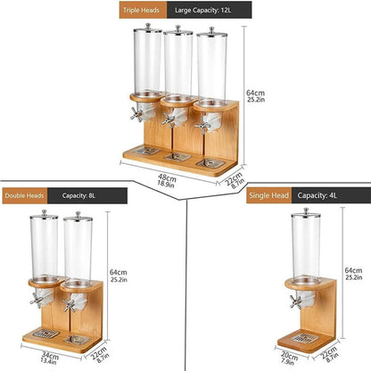 Litelogy Cereal Dispenser with Wooden Base, 3 Barrels Airtight Dry Food Container, 4L Each Countertop Organizer for Oats, Grains, Nuts, Beans, Rice
