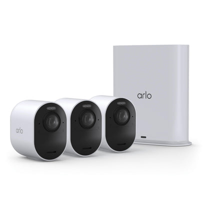Arlo Ultra (3rd Gen - 2025 Release) 4K Security Camera + SmartHub, Battery Power, Emergency Response, AI Summary, 1-Month Trial of Secure Plan, 180° Field of View, 3 Cam, White, Motion Alert