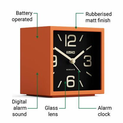 NEWGATE® Cube Alarm Clock | Design-led Cube Shaped Retro Alarm | Orange | Ideal for Bedside, Desk, Shelf & Mantel | Mid-Century Retro Bedroom & Office Accessory