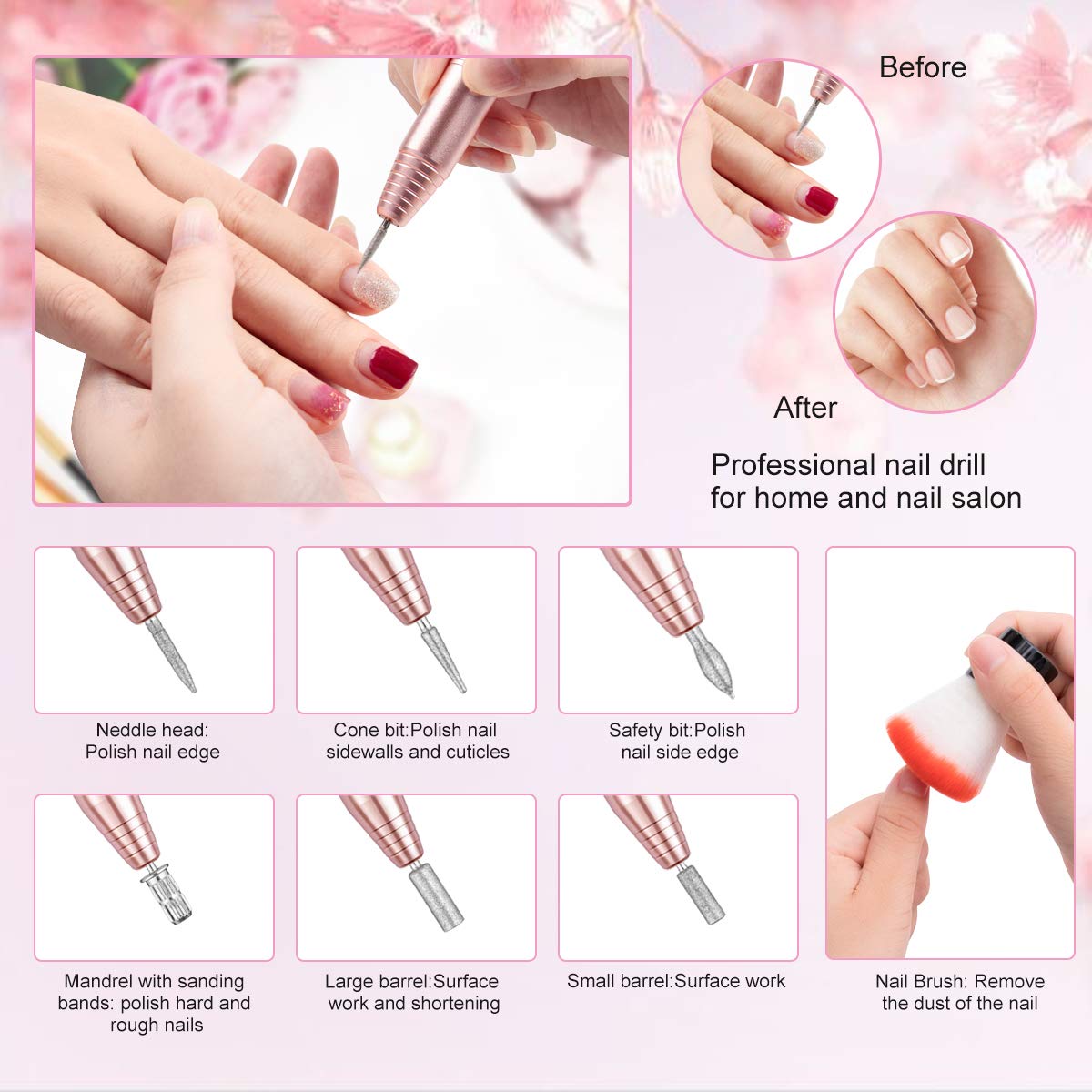 Portable Electric Nail Drill File Machine with Acrylic Nail Kit Set Professional 20000rpm Manicure Pedicure with Sanding Bands Brush for Nail Art Gel Nail Polish Tips Clippers