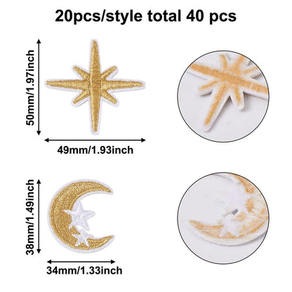 Beadthoven 40pcs Moon Star Embroidery Iron On Patch Mixed Celestial Sew On Patch Embroidered Badge Applique Patch Embellishment for Clothes Bags Jeans Hat Shoes Sewing Accessory DIY Craft