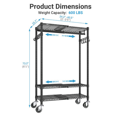 VIPEK R3X Expandable Clothes Rack with Lockable Wheels, 600 lbs Capacity Heavy Duty Rolling Garment Rack with Adjustable Width (2' to 3'5") Shelves, Space-Saving Storage Closet for Small Space (Black)