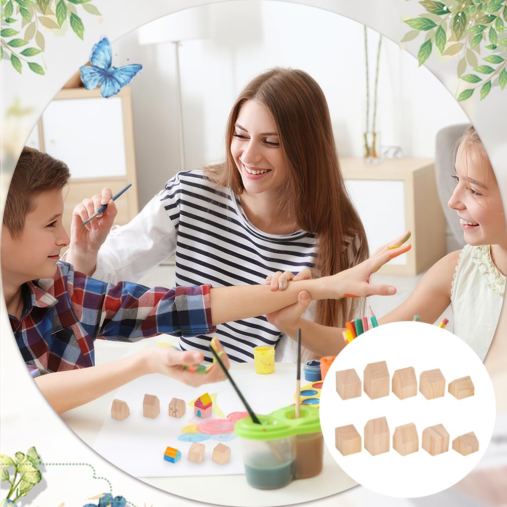 NBEADS 10 Pcs Unfinished Wooden House Shaped Blocks, Large Wood Blocks for Crafts Blank Wooden Cubes for Paint Wooden Blocks for Decoration and Christmas DIY Crafts, Burlywood