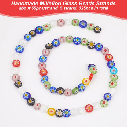 PH PandaHall 325Pcs/5 Strands Millefiori Lampwork Glass Beads 6mm Flat Round Flower Glass Beads Handmade Flower Millefiori Lampwork Bead Loose Spacer Bead for Jewelry Making DIY Crafts