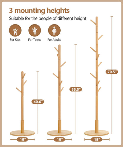 Cozivolife Standing Coat Rack,Wooden Coat Rack Stand with 9 Hooks and 3 Height Adjustable,Beech Wood Tree Coat for Bedroom,Office,Entryway (Bamboo)