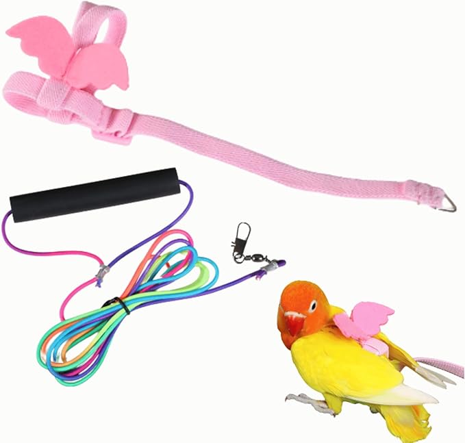 Pet Parrot Bird Harness and Leash, Adjustable Training Design Anti-Bite, Bird Nylon Rope with Cute Wing and Colorful Leash for Parrots Lovebird Cockatiel Conure Budgie (Pink with 157.4inch Leash,S)
