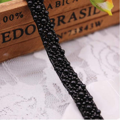 FQTANJU 3 Yards 15mm Width Black Beads Lace Ribbon Applique Pearl Trim Edge Tape for Wedding Party Decoration, Home Deco, DIY Costume Decor
