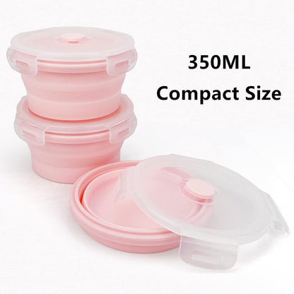 CCyanzi 3piece Round Collapsible Bowl with Lids, Silicone Food Storage Containers, Microwave & Freezer Safe, Space Saving for Kitchen Cabinet and Camping Backpack,(Pink)