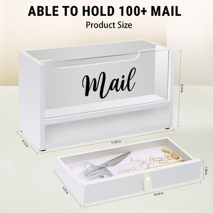 Two-Layer Solid Wooden Mail Storage Organizer Holder with Clear Acrylic Top and Bottom Drawer, Leather Handle, Keeping Mail, Bills, Letters, Cards and Office Supplies in One Place, Home Decor Gifts