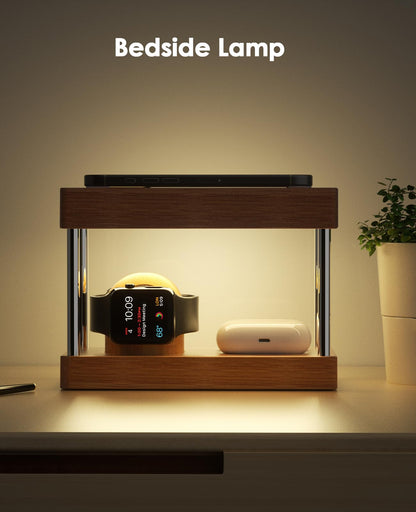 Nightstand Charging Station, 4 in 1 Bamboo Wireless Charging Station for Multiple Devices, Bedside Lamp Charger for iPhone/AirPods/iWatch, Birthday Gifts