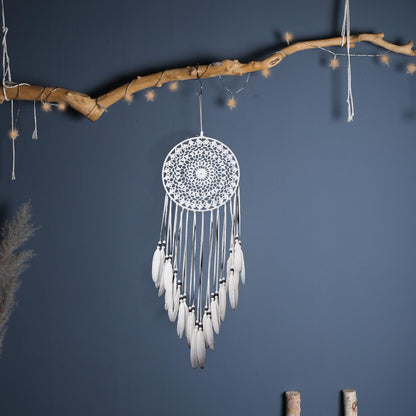 Large White Dream Catcher, Handmade Crochet Macrame Feather Dreamcatcher | Bohemian Wall Hanging Home Decor for Bedroom, Nursery, Living Room & Wedding.