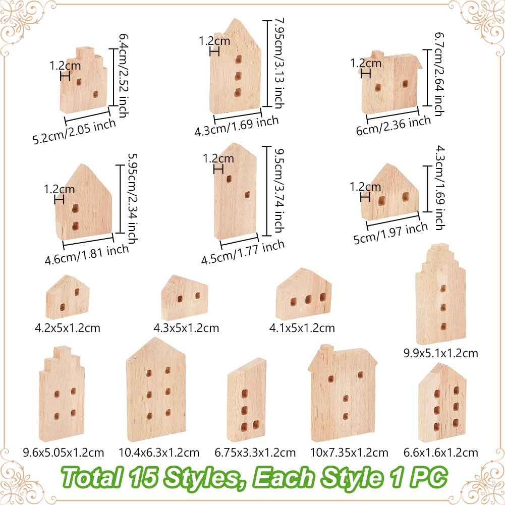 OLYCRAFT 15Pcs Unfinished Wooden House Shaped Blocks House Blank Wood Cutouts Wood Blocks with Hole Wooden Display Decoration Pieces for Home Kitchen Office Shelf Coffee Bar Decor -15 Styles
