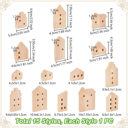 OLYCRAFT 15Pcs Unfinished Wooden House Shaped Blocks House Blank Wood Cutouts Wood Blocks with Hole Wooden Display Decoration Pieces for Home Kitchen Office Shelf Coffee Bar Decor -15 Styles