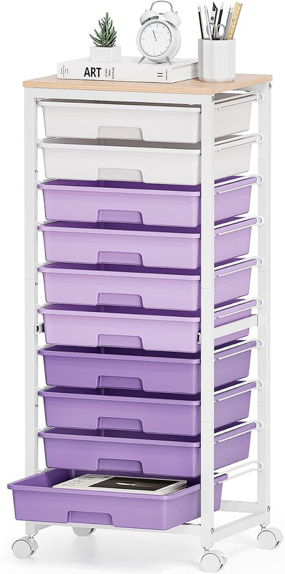 SYKIARIOL Rolling Cart with Drawers,10 Drawer Rolling Cart,Storage Cart with Wheels,Utility Cart with Drawers,Teacher Cart for Classroom Storage,Craft Cart with Wheels and Wooden Tabletop,Purple