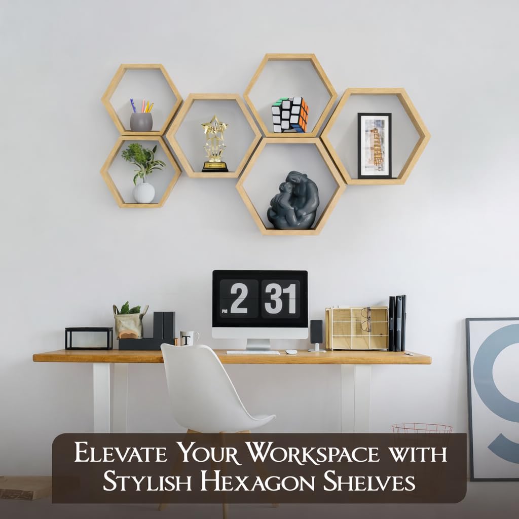 Decovate Hexagon Floating Shelves Set of 6 Honeycomb Shelves for Wall, Wooden Hexagon Shelves for Farmhouse Storage. (Natural Wood)