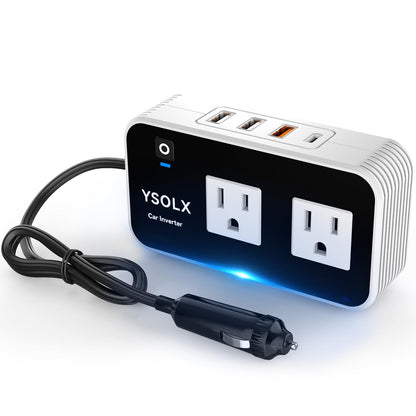 YSOLX 200W Car Power Inverter 12V to 110V for Vehicles, Car Plug Adapter Outlet with 4 USB Fast Charger, Car Charger Cigarette Lighter Adapter for Phone, Laptop on Road Trip