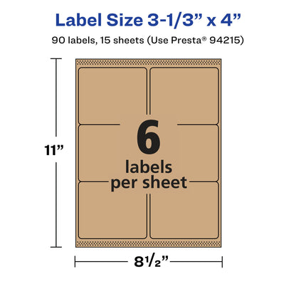 Avery Kraft Brown Rectangle Labels, Sure Feed Technology, 3-1/3" x 4", 90 Kraft Brown Labels, Laser/Inkjet Printable