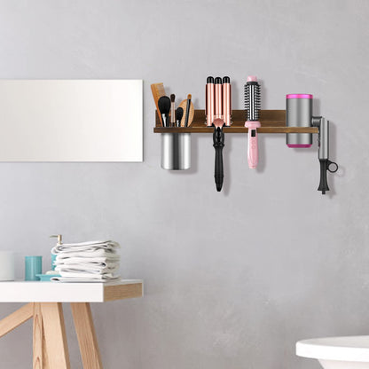 seashpea Hair Tool Organizer Wall Mounted - Wooden Dryer Holder, Blow Dryer Holder for Bathroom, Rustic Styling Tools Organizer for Flat Iron, Curling Wand, Hair Straighteners, Brushes, Brown