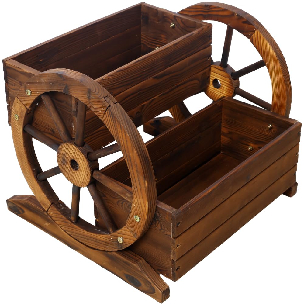 EASTALOLO Wooden Wagon Planter Box, Premium 2-Tier Garden Planter with Wheels, Decorative Planter for Flowers, Herbs & Vegetables, Ideal for Indoor & Outdoor Patio, Garden, Balcony Décor