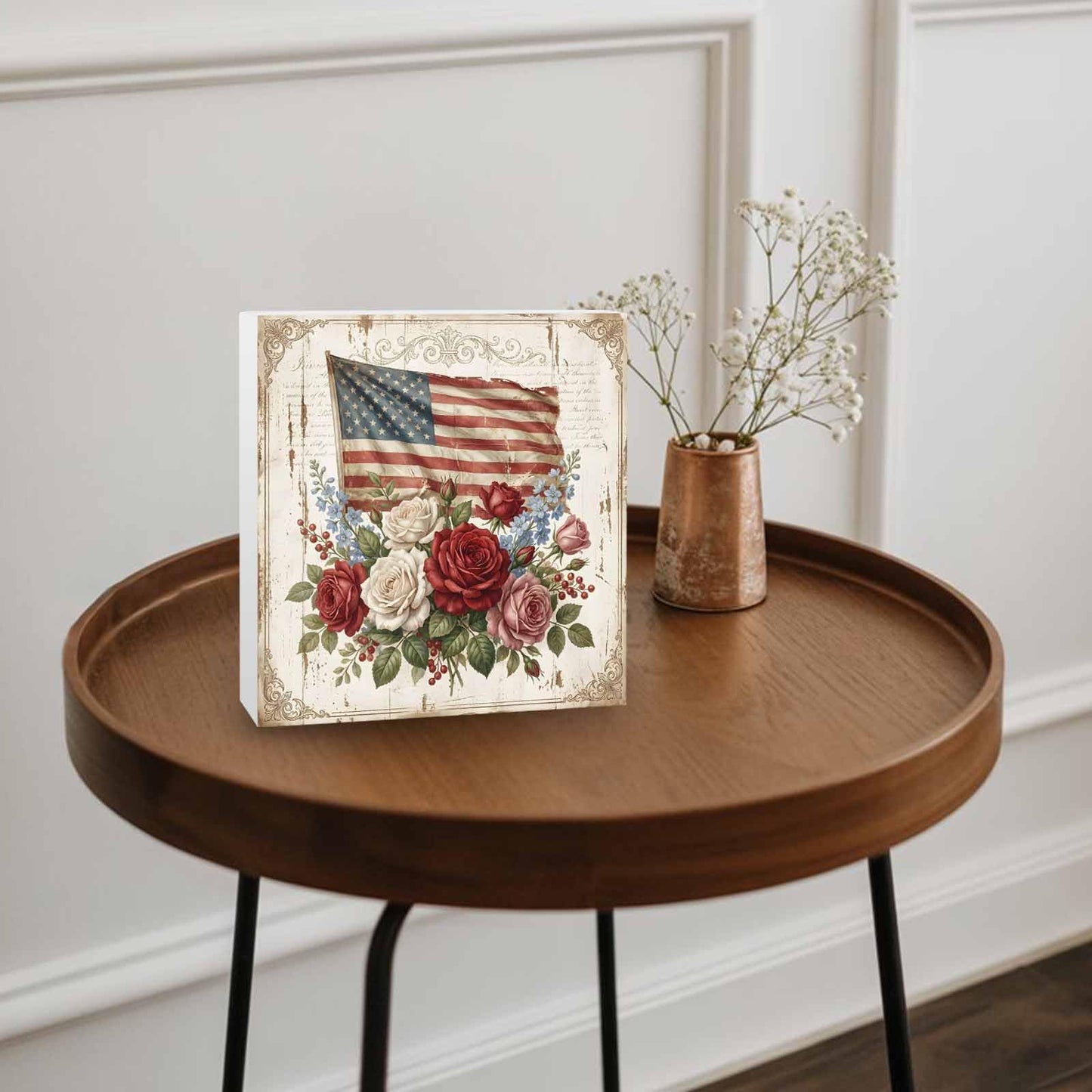 Independence Day Wood Box Sign Desk Decor, Retro American Red White Pink Rose Blue Flowers Decorative Wooden Block Box Sign Decorations for Home Office Shelf Table Decor 6x6 Inches
