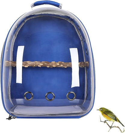 Bird Carrier Backpack with Wood Perch, Transparent Bird Travel Cage, Portable Pet Carrier Backpack, Breathable Hangbag for Vet Transport Camping Hiking (Blue)