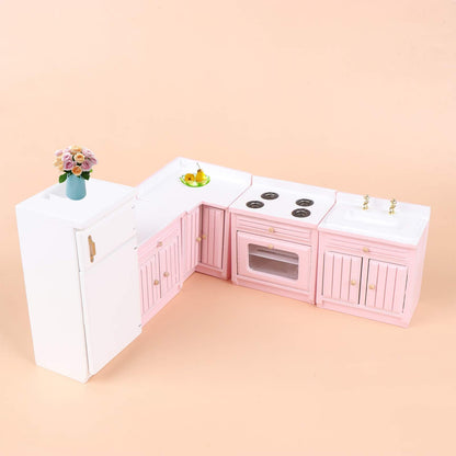 Haomian 1:12 Scale Dollhouse Kitchen Furniture Set, Pink Wooden Miniature L-Shaped Kitchen Cabinets with Fridge Sink Stove, Doll House Kitchen Accessories for Role Play DIY Decor Collectibles