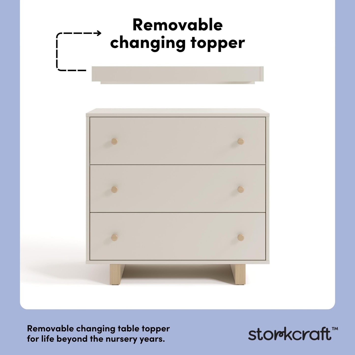 Storkcraft Texas 3 Drawer Chest with Removable Changing Table Topper (Frosted Oat/Driftwood) – GREENGUARD Gold Certified Baby Dresser, Interlocking Drawer System for Nursery & Kids’ Bedroom Dresser