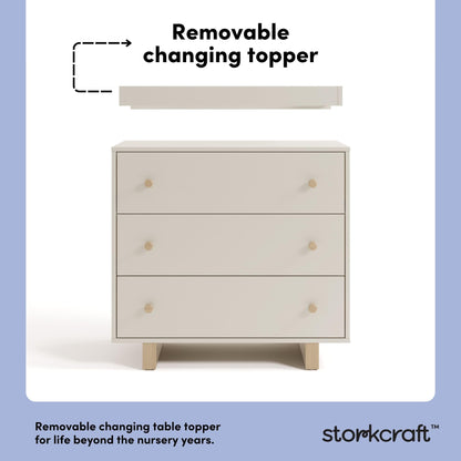 Storkcraft Texas 3 Drawer Chest with Removable Changing Table Topper (Frosted Oat/Driftwood) – GREENGUARD Gold Certified Baby Dresser, Interlocking Drawer System for Nursery & Kids’ Bedroom Dresser