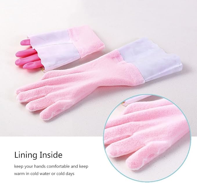 2 PAIRS Household Gloves Latex Free Cleaning Gloves with Soft Lining Long Cuff 15" & Grip, Medum, Pink/Blue