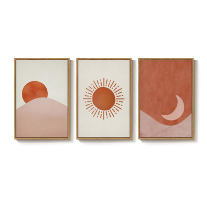 Framed Sun and Moon Boho Wall Art Bedroom, 3 Piece Abstract Minimalist Terracotta Canvas Painings Prints Artwork for Walls, Mid Century Modern Bohemian Pictures for Living Room Office Wall Decor, 16x24 Inch