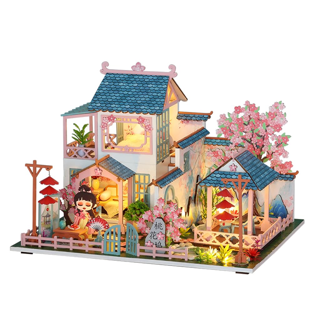 Yuzhen DIY Miniature Dollhouse with Furniture and LED Lights, Ancient Style Wooden Mini-House Includes Dustcover and Music Movement, Exquisite Home Decor