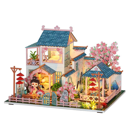 Yuzhen DIY Miniature Dollhouse with Furniture and LED Lights, Ancient Style Wooden Mini-House Includes Dustcover and Music Movement, Exquisite Home Decor