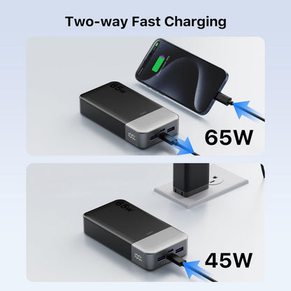 JUOVI Portable Charger 65W Power Bank 20000mAh Compact USB C Laptop Power Bank Fast Charging Battery Pack for Laptop MacBook Dell XPS iPad Tablet Steam Deck iPhone 17/16/15/14 Series Samsung and More
