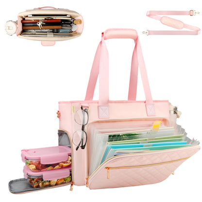 ahzske Lunch Work Tote Bag for Women with Accordion File Organizer Pocket, 3 in 1 Daily Tote Bag with Insulated Lunch Compartment& 15.6 Inch Laptop Compartment for Business Teacher Nurse (Pink)