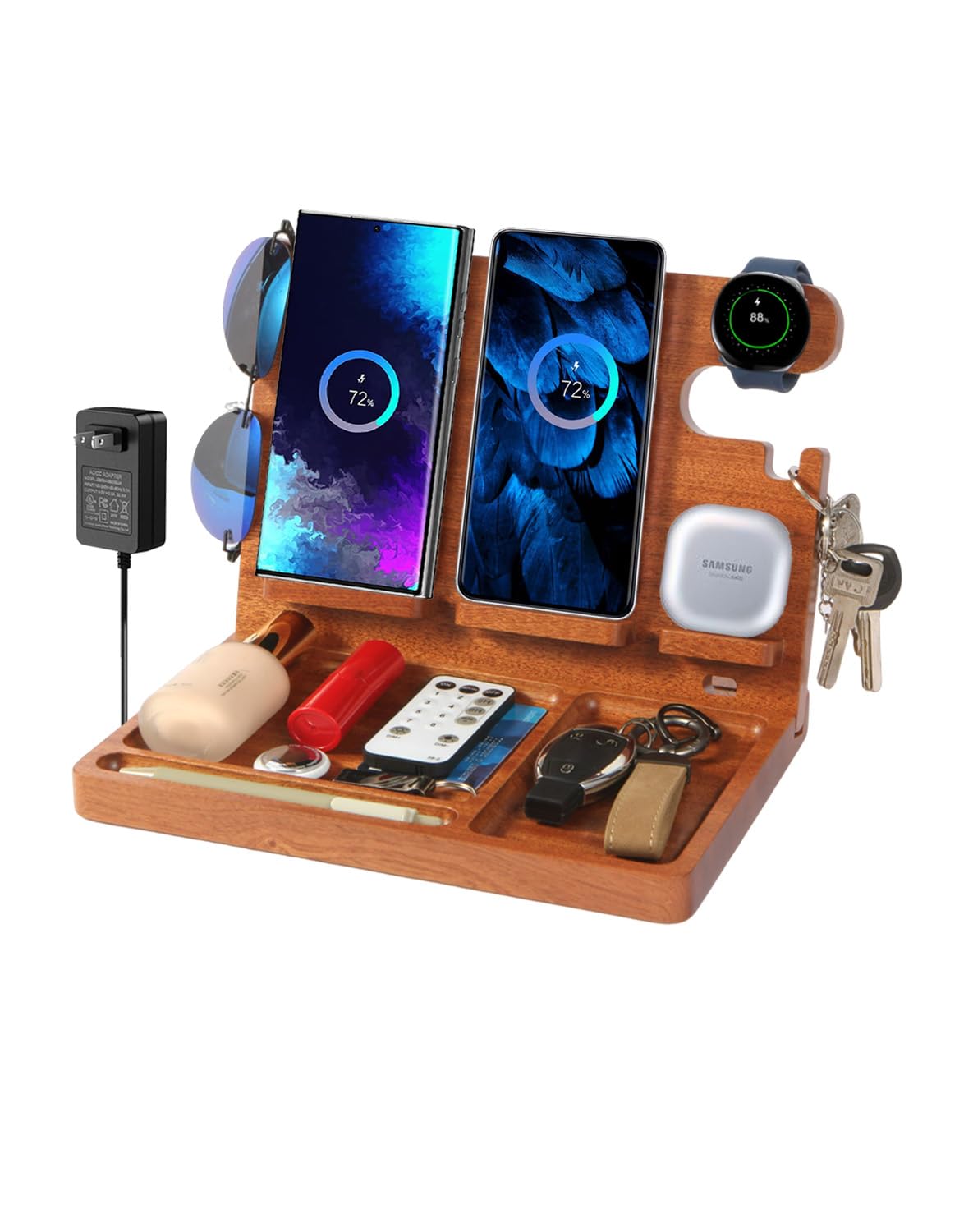 Desk Organizer with 4 Wireless Charging Station for Samsung Devices,27W Dual Wireless Charger Fast Charging for 2 Phones,Galaxy Watch 7/6/5/4/3/2,TWS Box,Wood Phone Docking Station,Gifts for Men Dad