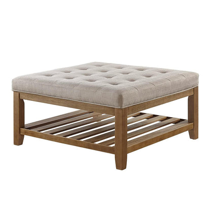 24KF Large Square Upholstered Tufted Linen Ottoman Coffee Table, Large Footrest Ottoman with Solid Wood Shelf-Linen