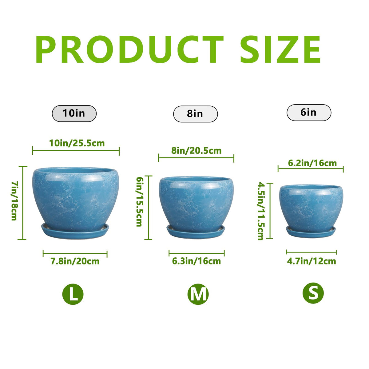 EPFamily Ceramic Plant Pots - 10+8+6 Inch Modern Round Planters for Indoor Outdoor with Drainage Holes and Plant Saucers, Room Patio House Office Decor, Gardening Gifts for Women Men, Set of 3, Blue