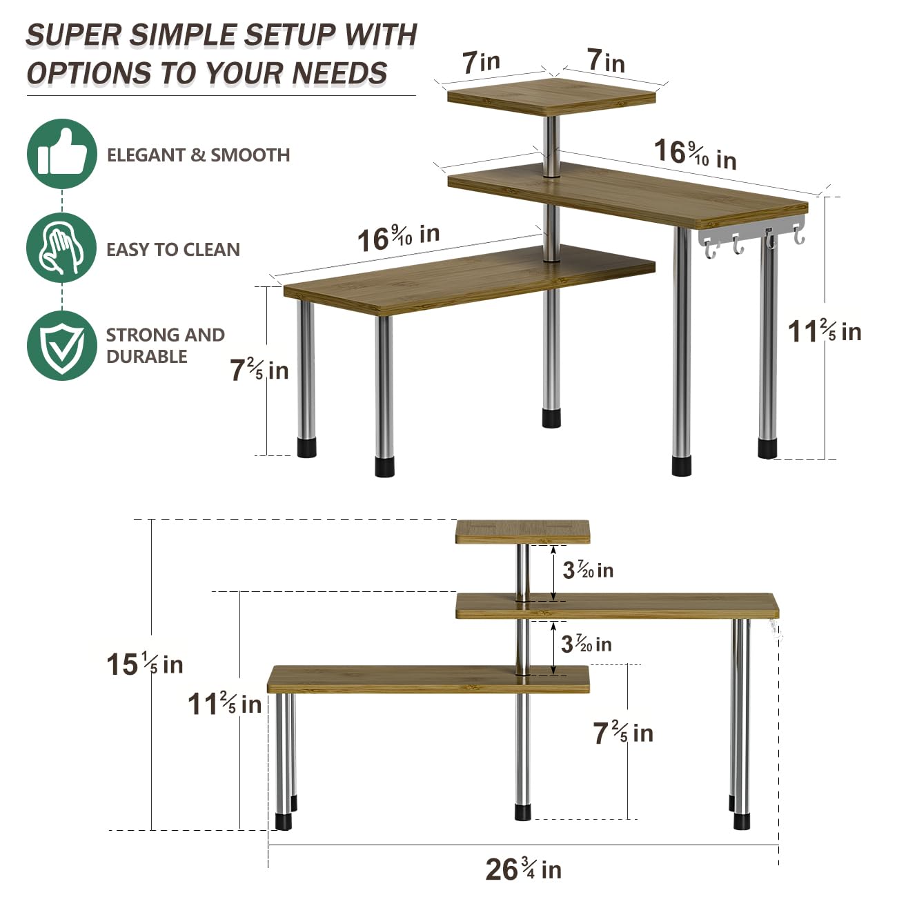 ZHWS Kitchen Countertop Organizer Spice Rack for Salt, Bathroom Counter Organizer Over Sink for Makeup, Skincare, Adjustable 3-Tier Corner Counter Shelf with 4 Hooks for Coffee Bar Dresser Table