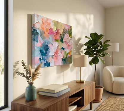 KKJ Pink Abstract Canvas Wall Art, Modern Colorful Oil Painting Style Print, Danish Pastel Palette Wall Decor, Ready to Hang, 12 x 16 Inches