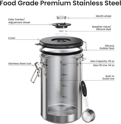 Veken Coffee Canister, 39OZ Large, Airtight Stainless Steel Food Storage Container for 2.2lbs Coffee Beans, Ground, Sugar, Tea, Flour, Cereal, Kitchen Bar Accessories with Date Tracker & Scoop, Silver