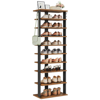 HOOBRO 10 Tiers Vertical Shoe Rack, Wooden Shoe Storage Organizer with Hooks, Narrow Shoe Tower for 20 Pairs, Space Saving, for Entryway, Living Room, Bedroom, Rustic Brown FG140XJ01