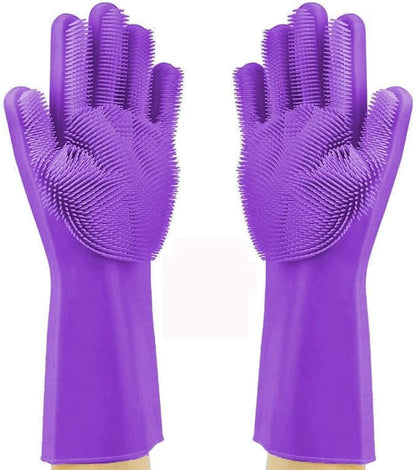 Silicone Dishwashing Gloves, Pet Grooming Rubber Scrubbing for Dishes, Sponge Wash Cleaning with Scrubbers (13.6" L)