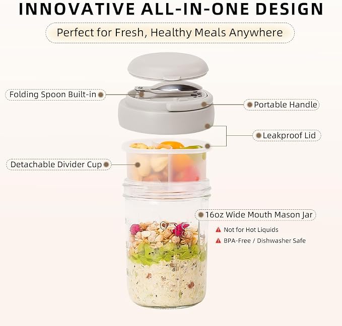 UWILLION Overnight Oats Containers with Handles, 16 oz Glass Mason Jars with Lids, Folding Spoons & Topping Compartments, Yogurt Parfait Cups for Meal Prep, Chia Pudding, Breakfast to Go, 2 Pack