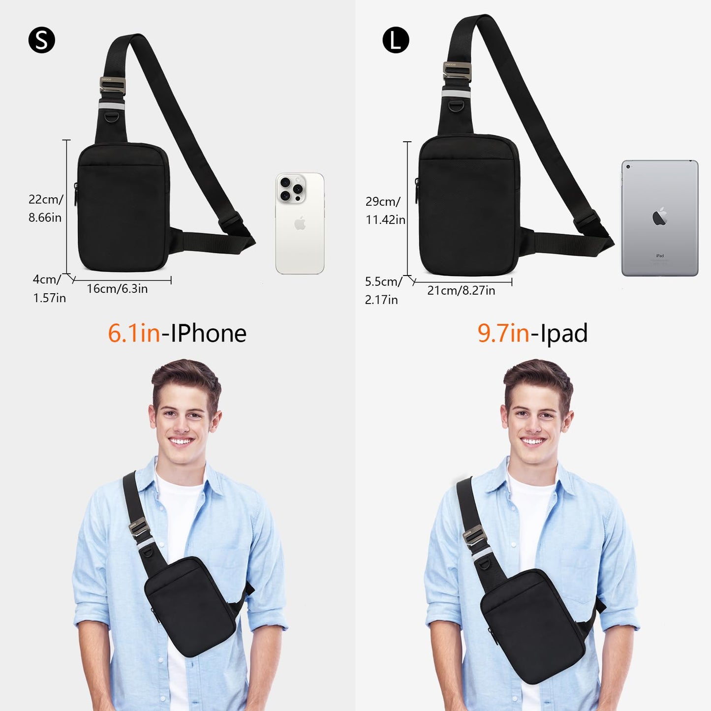OSOCE Small Sling Bag for Men and Women with RFID Pocket, Anti Theft Crossbody Chest Bag Casual Travel Bag for Hiking,Black,Small