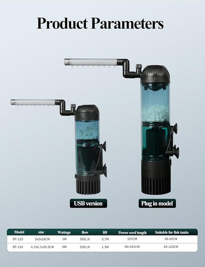 UPETTOOLS Aquarium Filter Fish Tank Filter with Fluid Bed Sponge Filter Multiple Function Ultra-Silent Filter for Saltwater Freshwater 20-60 Gallon