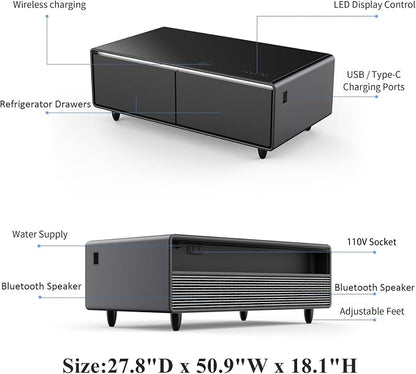Smart Coffee Table with Fridge and Bluetooth, Wireless Charger | Smart Refrigerator Table with Atmosphere Light & Control Panel & Outlet Protection & USB Ports, LT135 Pro-Black